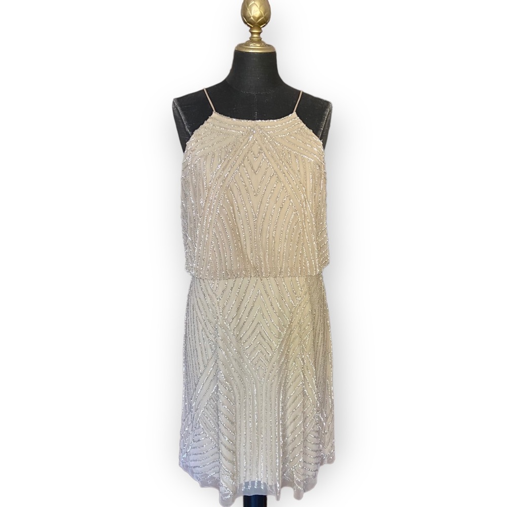 Aidan Mattox Dress Mini Beaded Cocktail Formal Sleeveless Blouson Tan Size 14